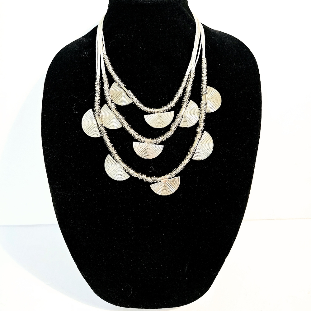 Three Strand Goldtone Disc Shaped Fashion Necklace 11.5" Long